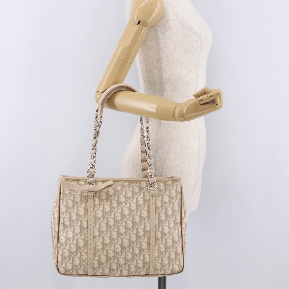 Christian Dior Trotter Canvas Chain Tote Bag PVC Ivory Silver Auth 206261A