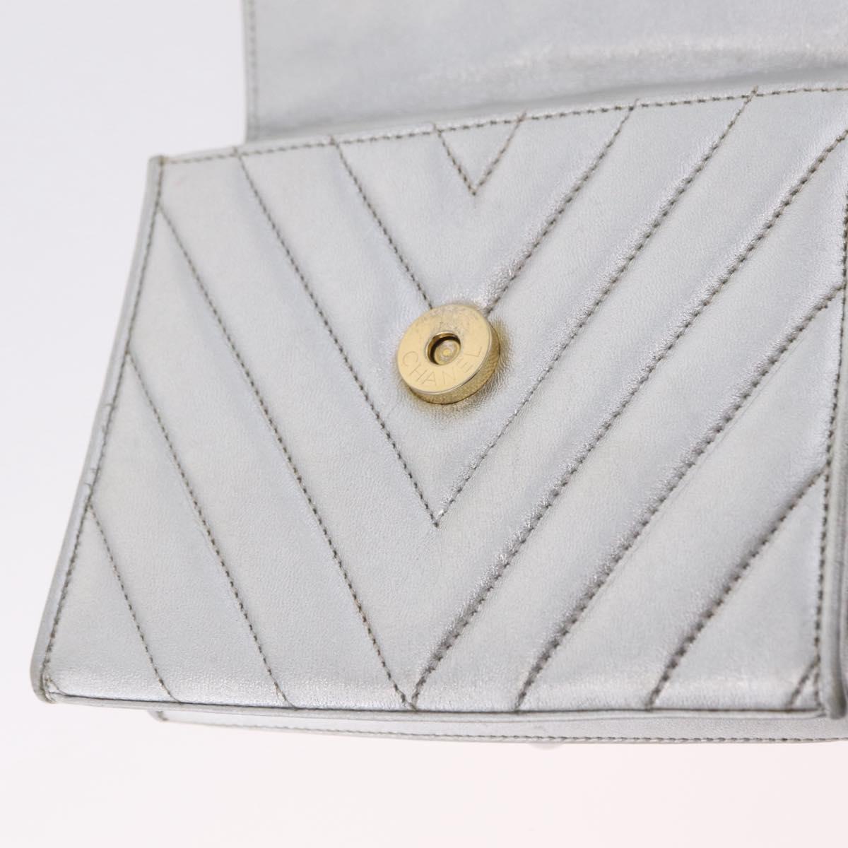 CHANEL V Stitch Hand Bag Lamb Skin Silver Gold CC Auth 206262SAV