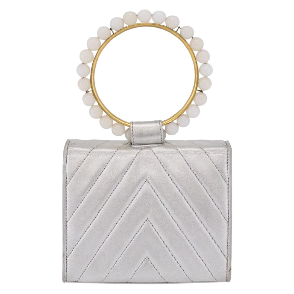 CHANEL V Stitch Hand Bag Lamb Skin Silver Gold CC Auth 206262SAV