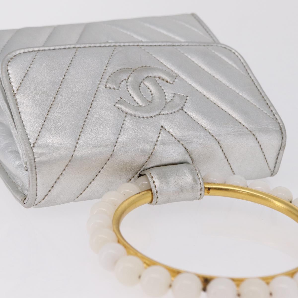 CHANEL V Stitch Hand Bag Lamb Skin Silver Gold CC Auth 206262SAV