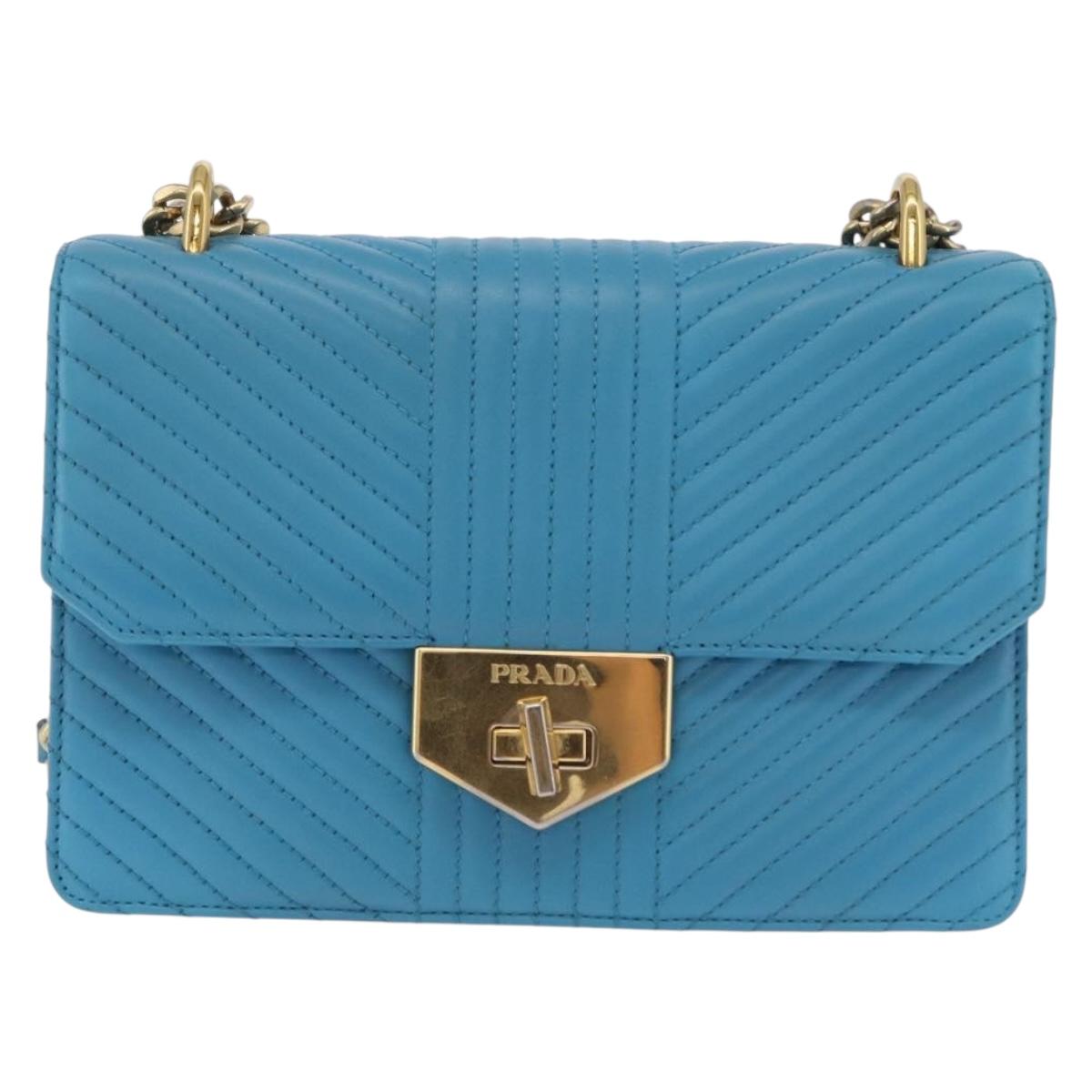 PRADA Chain Shoulder Bag Leather Blue Gold Auth 206268V