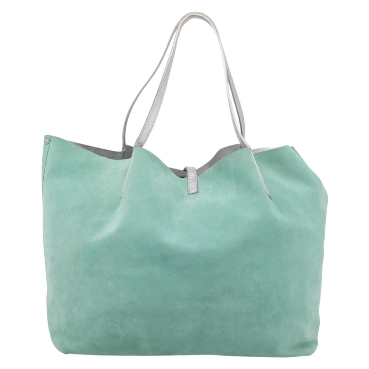 Tiffany & Co. Tote Bag Suede Turquoise Blue Silver Auth 206280A