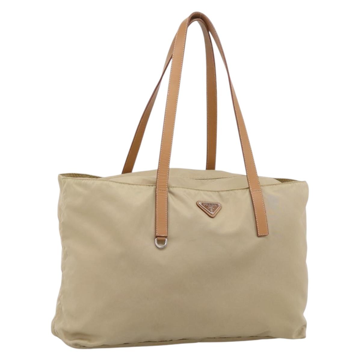 PRADA Tote Bag Nylon Beige Silver Auth 206281A