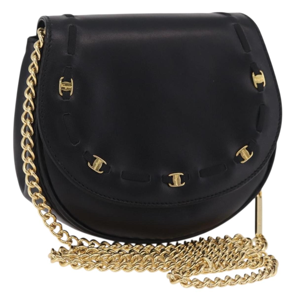 Salvatore Ferragamo Vala Chain Shoulder Bag Leather Black Gold Auth 206299