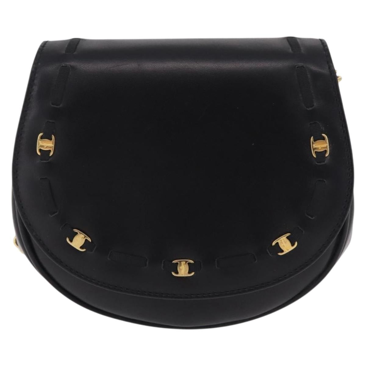 Salvatore Ferragamo Vala Chain Shoulder Bag Leather Black Gold Auth 206299