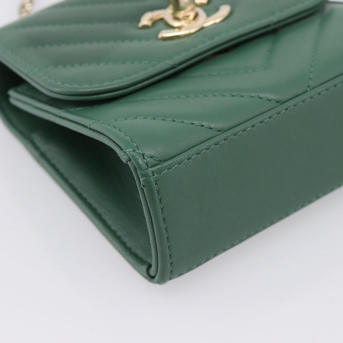 CHANEL V Stitch Chain Shoulder Bag Lamb Skin Green Gold CC Auth 206308SAM
