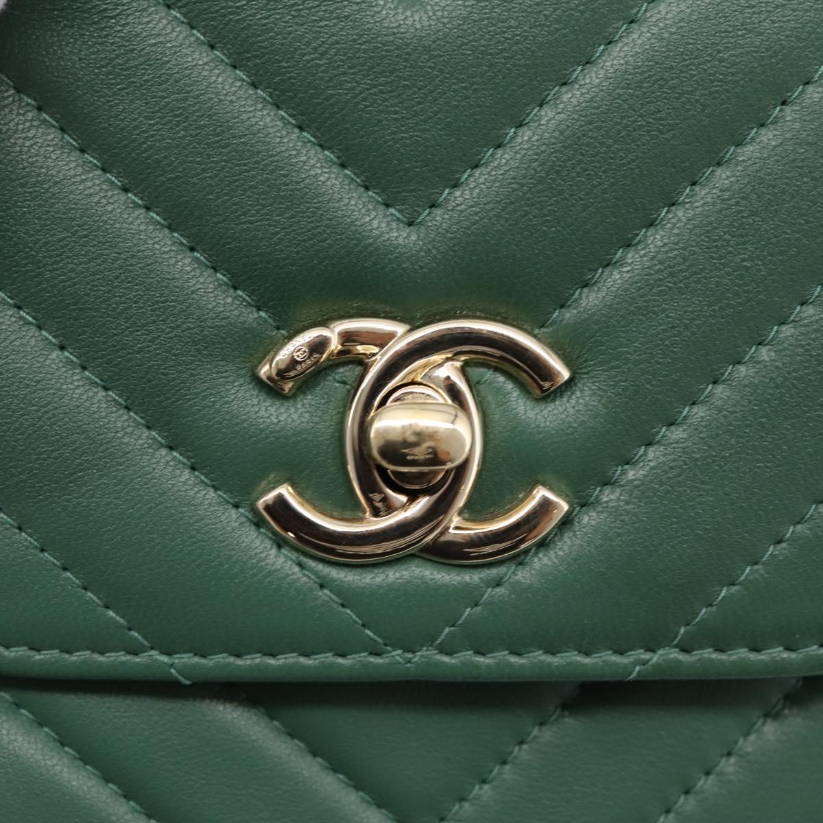 CHANEL V Stitch Chain Shoulder Bag Lamb Skin Green Gold CC Auth 206308SAM