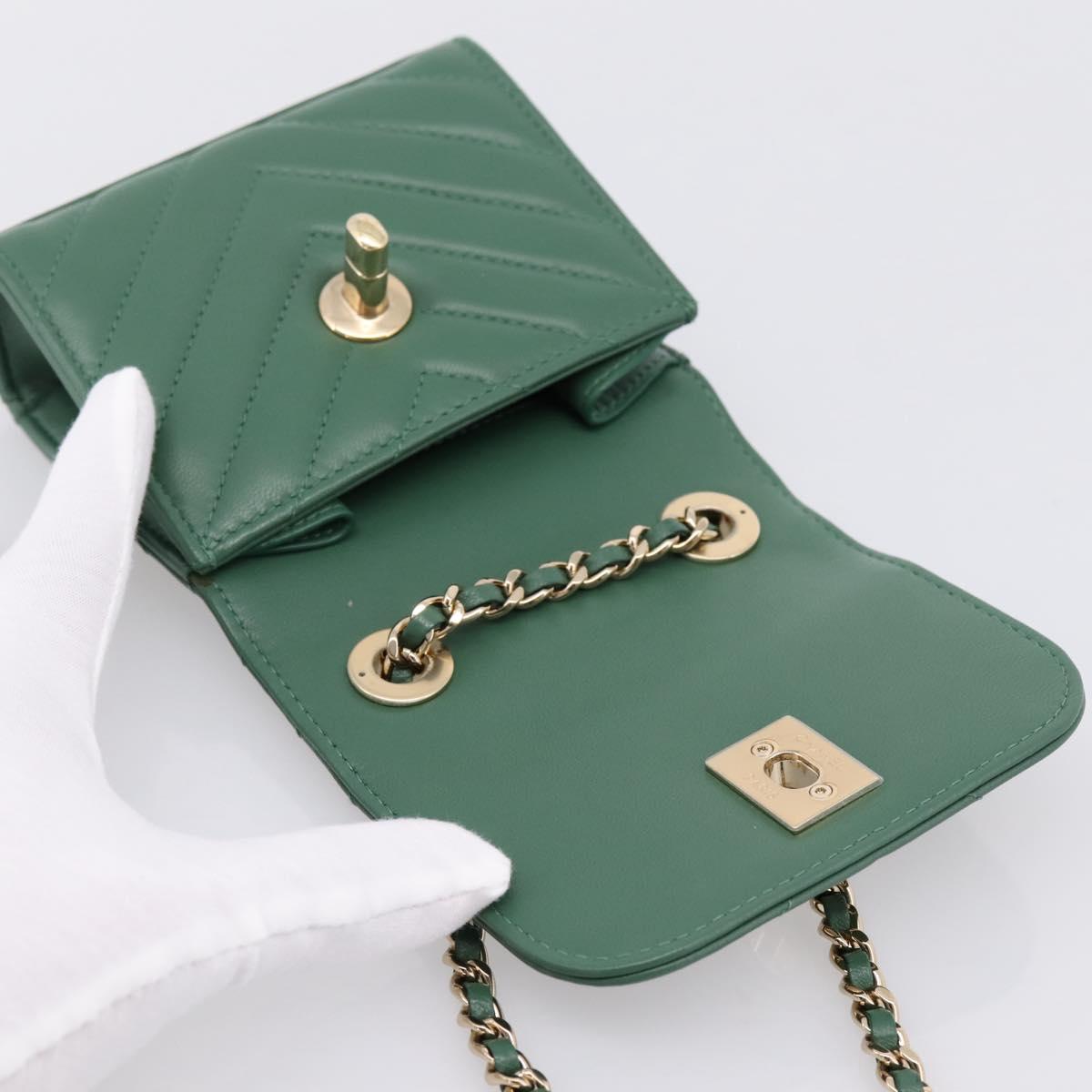 CHANEL V Stitch Chain Shoulder Bag Lamb Skin Green Gold CC Auth 206308SAM