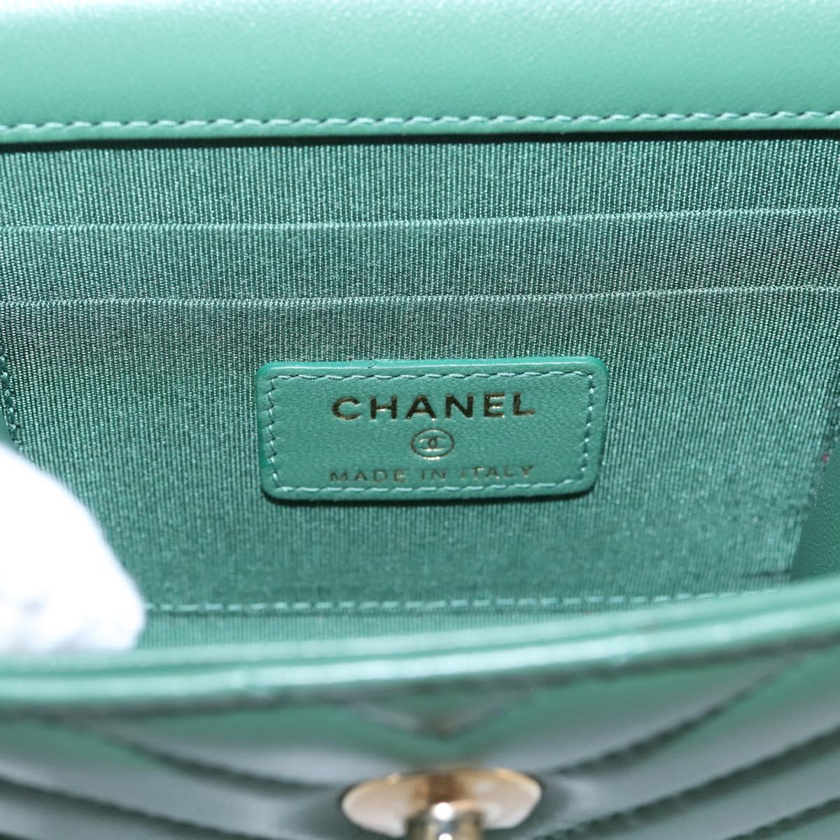 CHANEL V Stitch Chain Shoulder Bag Lamb Skin Green Gold CC Auth 206308SAM