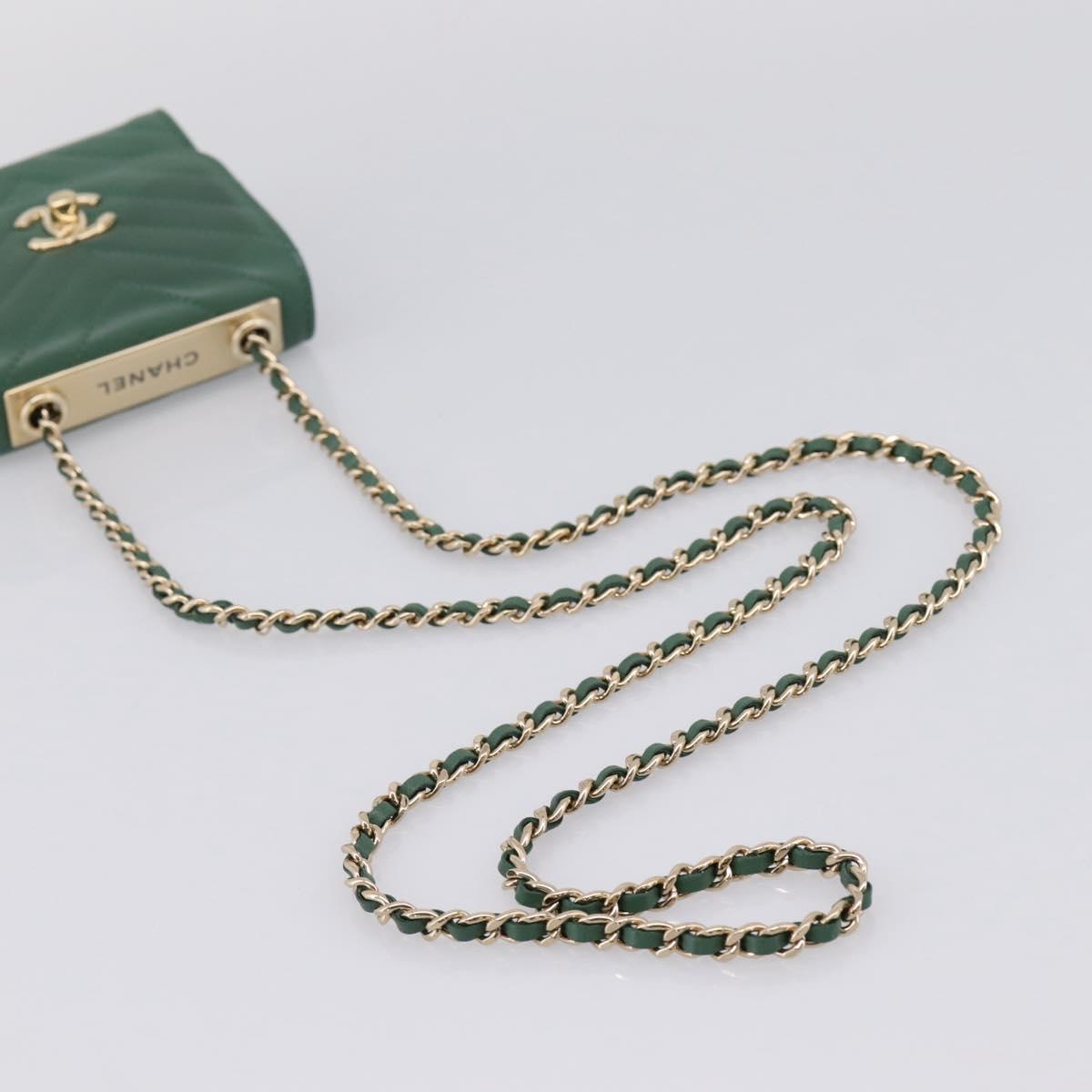 CHANEL V Stitch Chain Shoulder Bag Lamb Skin Green Gold CC Auth 206308SAM