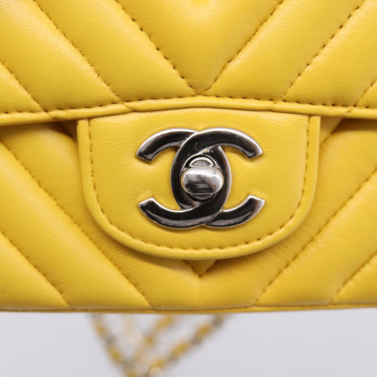 CHANEL V Stitch Chain Shoulder Bag Lamb Skin Yellow Silver CC Auth 206310SAM