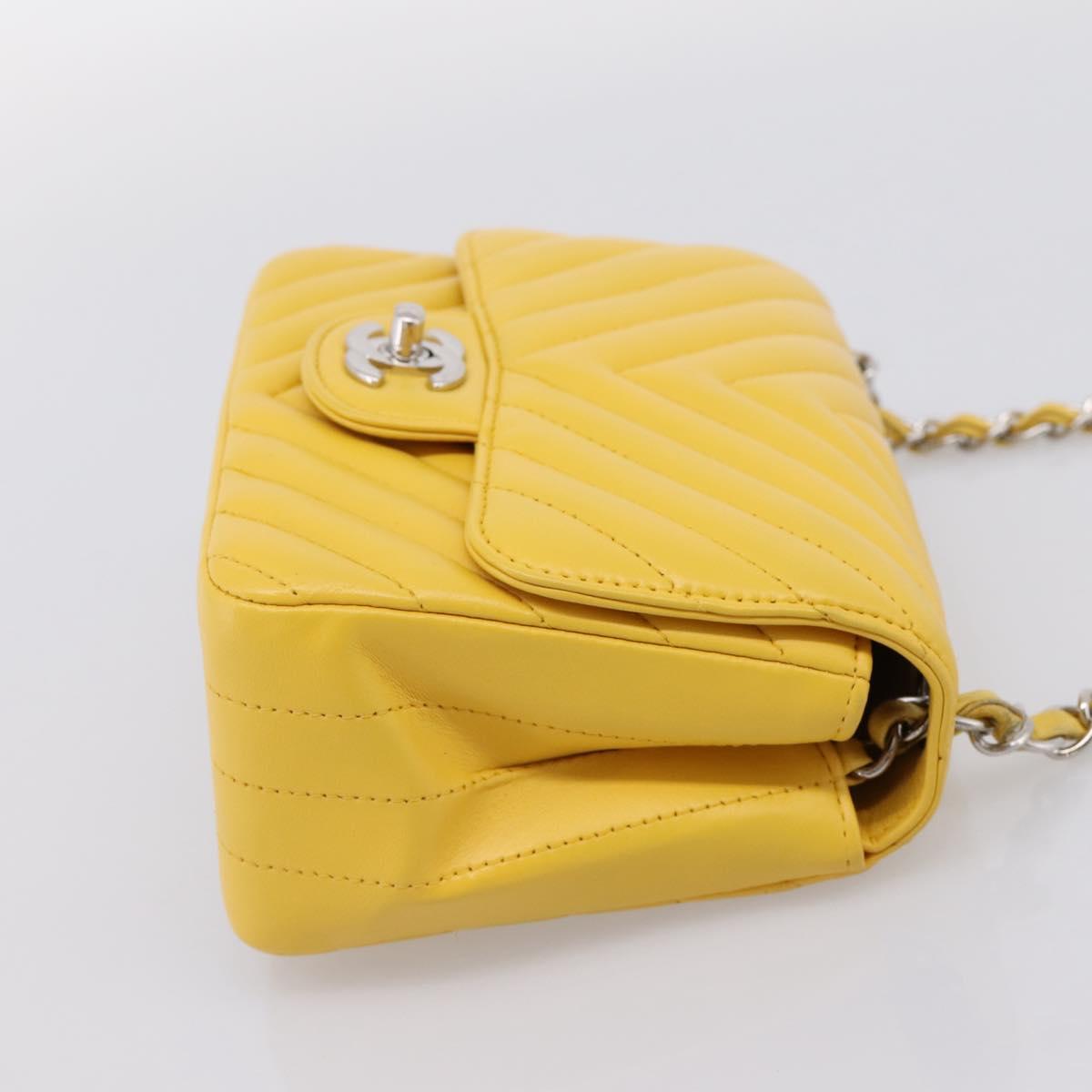 CHANEL V Stitch Chain Shoulder Bag Lamb Skin Yellow Silver CC Auth 206310SAM