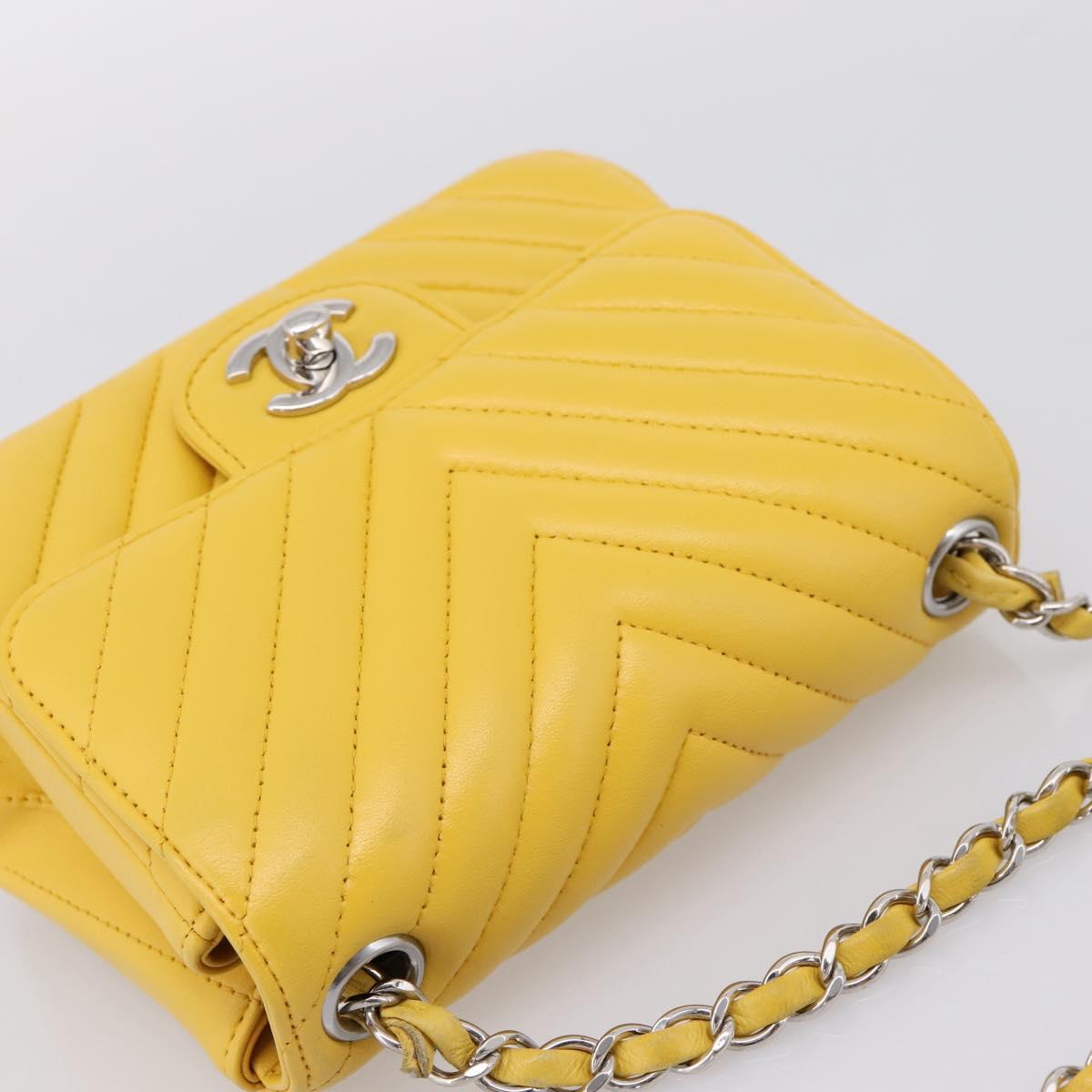CHANEL V Stitch Chain Shoulder Bag Lamb Skin Yellow Silver CC Auth 206310SAM