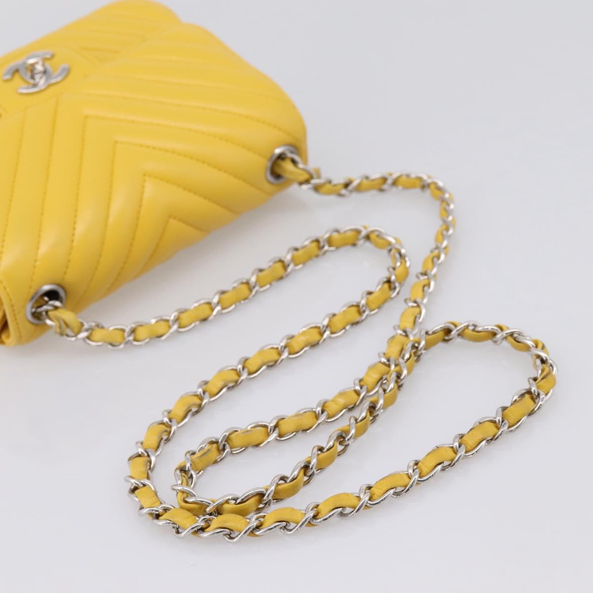 CHANEL V Stitch Chain Shoulder Bag Lamb Skin Yellow Silver CC Auth 206310SAM