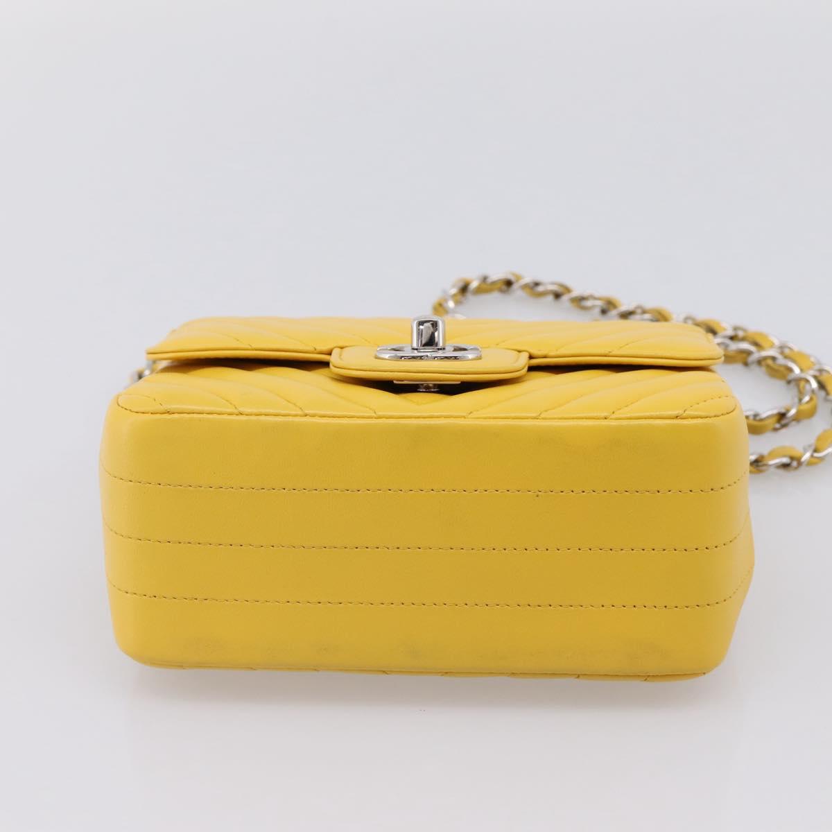 CHANEL V Stitch Chain Shoulder Bag Lamb Skin Yellow Silver CC Auth 206310SAM