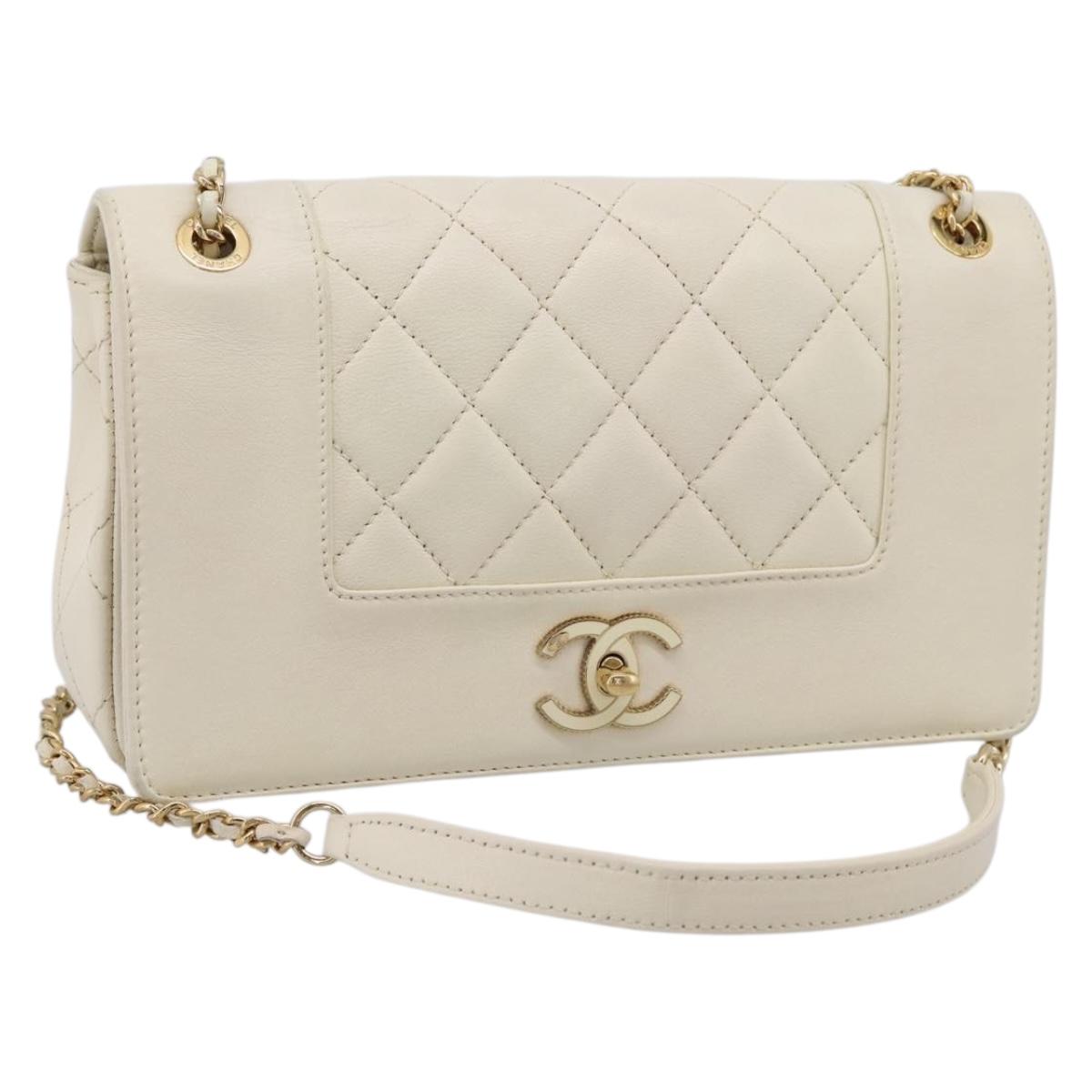 CHANEL Matelasse Chain Shoulder Bag Lamb Skin Gold White CC Auth 206312V