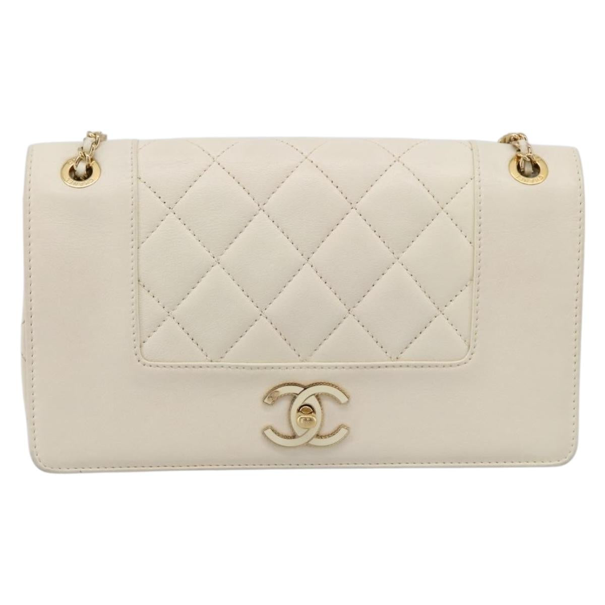 CHANEL Matelasse Chain Shoulder Bag Lamb Skin Gold White CC Auth 206312V