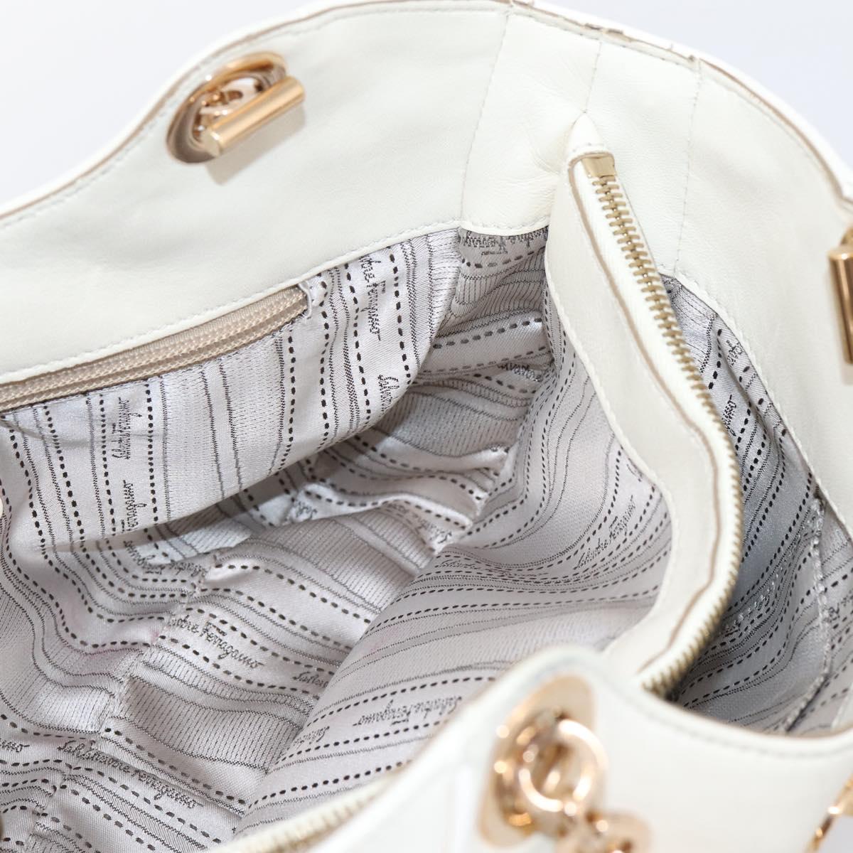 Salvatore Ferragamo Gancini Chain Tote Bag Leather White Gold Auth 206356A