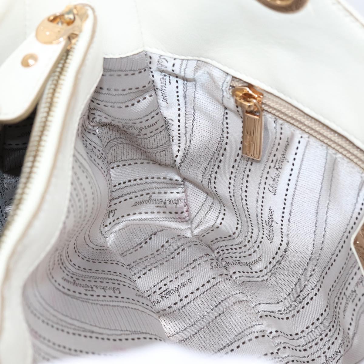 Salvatore Ferragamo Gancini Chain Tote Bag Leather White Gold Auth 206356A