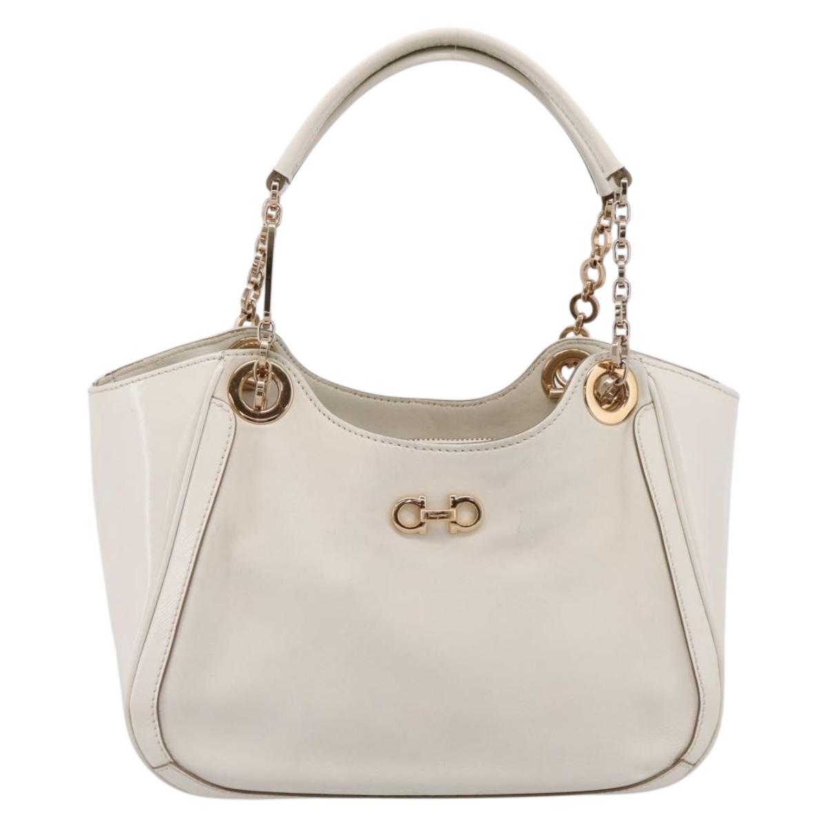 Salvatore Ferragamo Gancini Chain Tote Bag Leather White Gold Auth 206356A