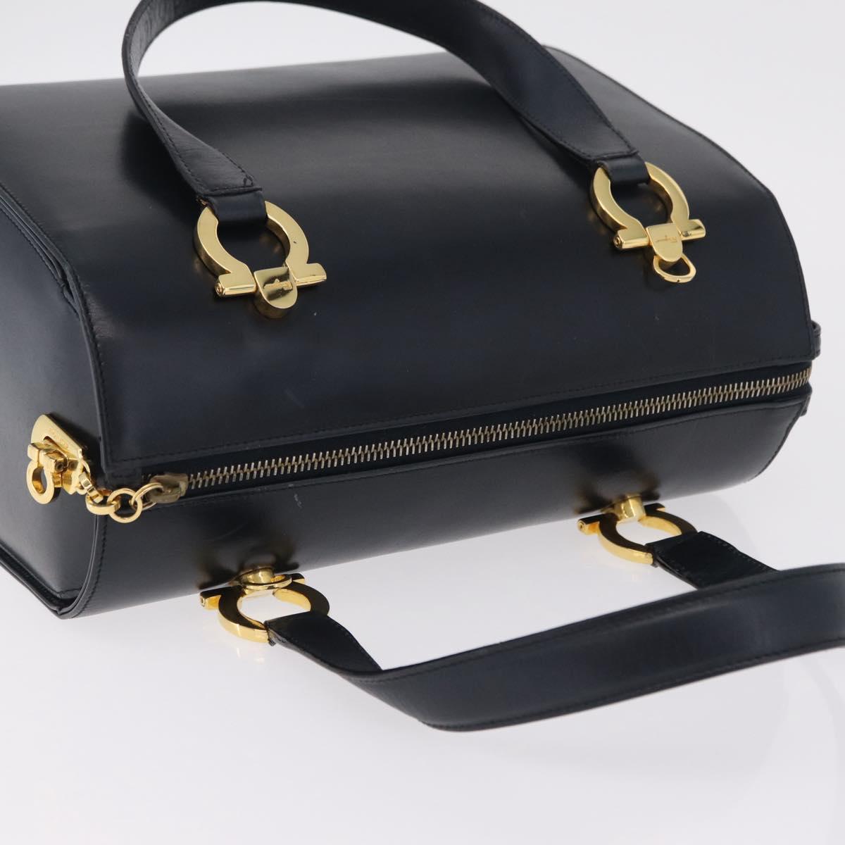 Salvatore Ferragamo Gancini Hand Bag Leather Navy Gold Auth 206360