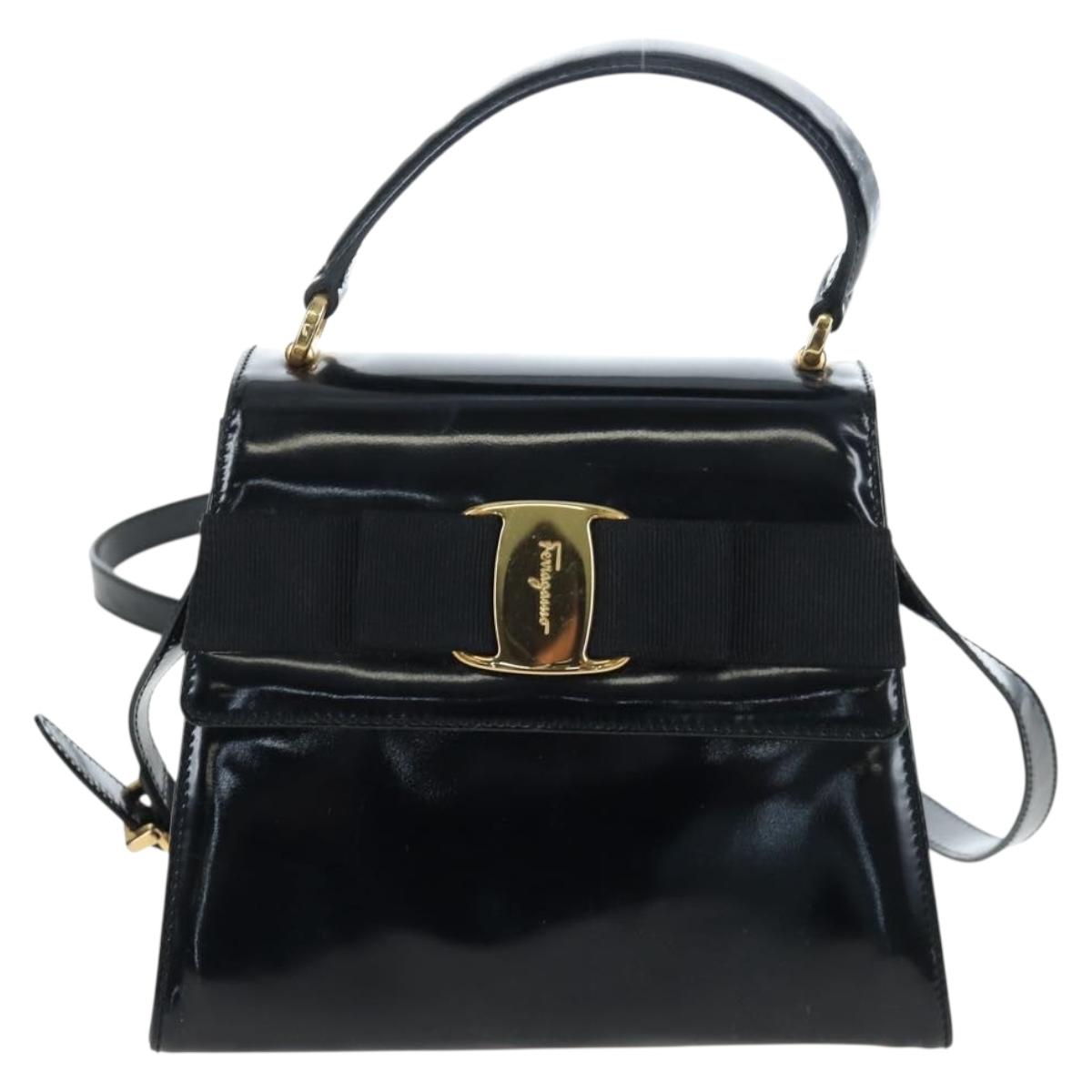 Salvatore Ferragamo Vala Hand Bag Patent leather 2way Black Gold Auth 206373