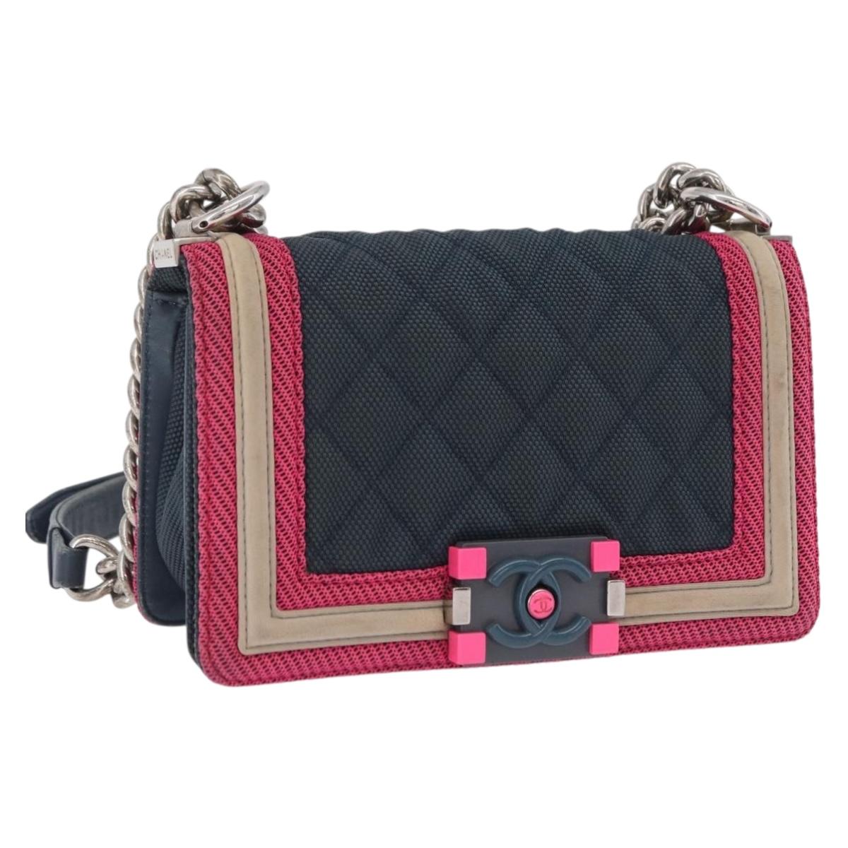 CHANEL Chain Matelasse Boy Chanel Shoulder Bag Canvas Navy Silver Auth 206385A