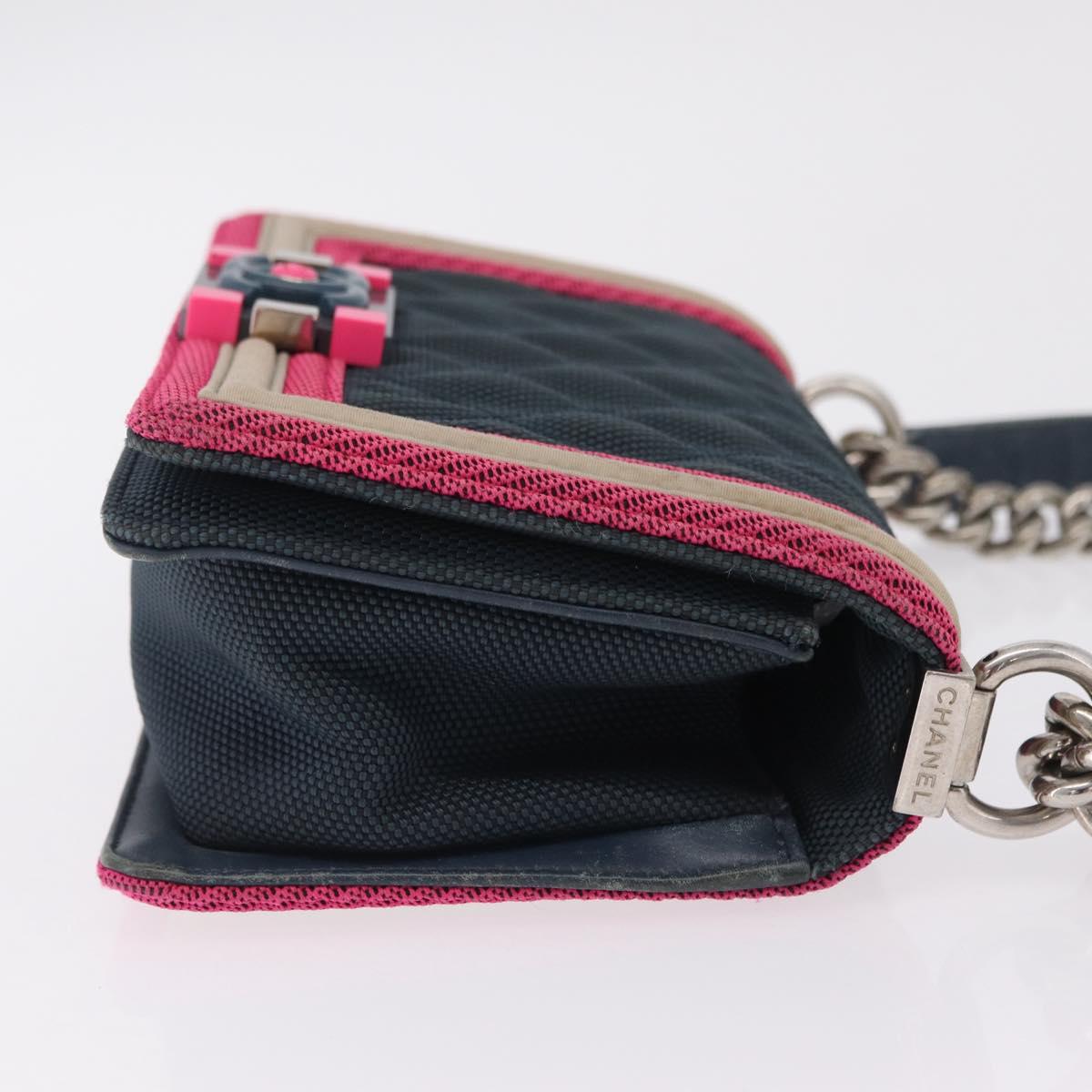 CHANEL Chain Matelasse Boy Chanel Shoulder Bag Canvas Navy Silver Auth 206385A