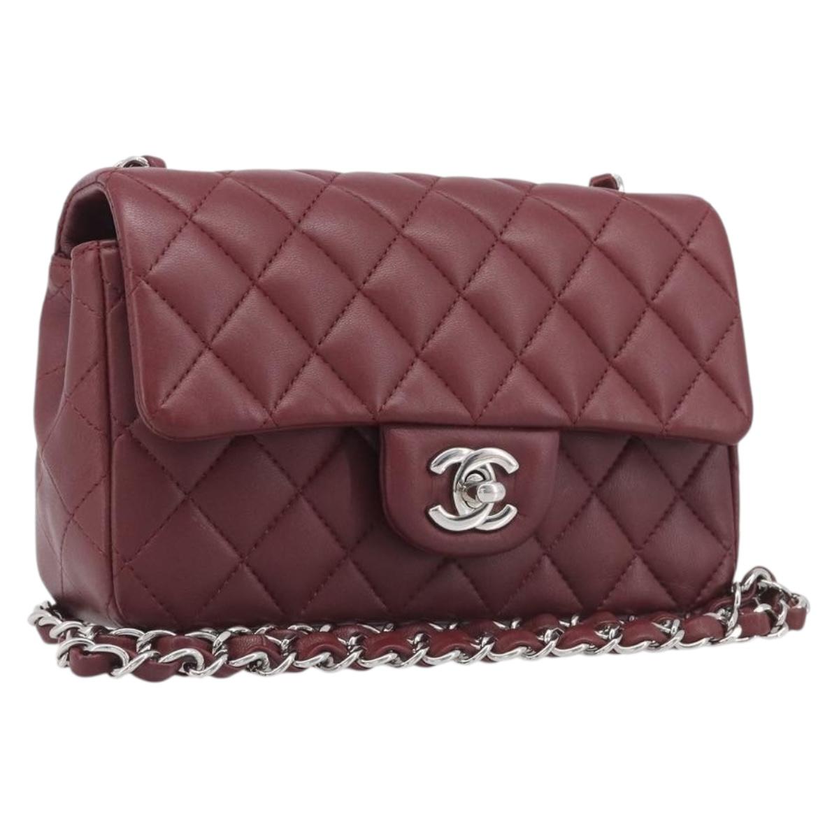 CHANEL Mini Matelasse 20 Chain Bag Lamb Skin Bordeaux Silver CC Auth 206388SM