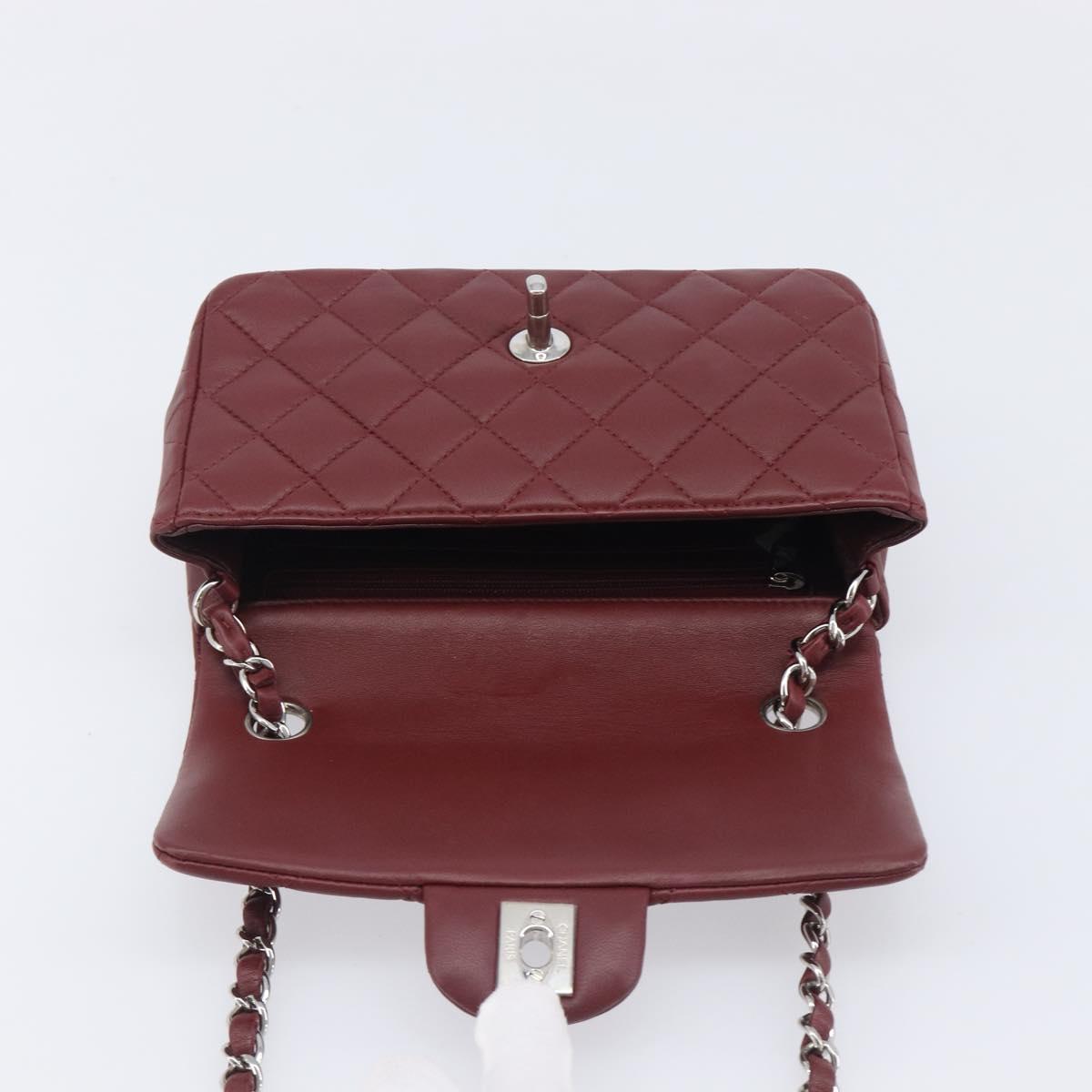 CHANEL Mini Matelasse 20 Chain Bag Lamb Skin Bordeaux Silver CC Auth 206388SM