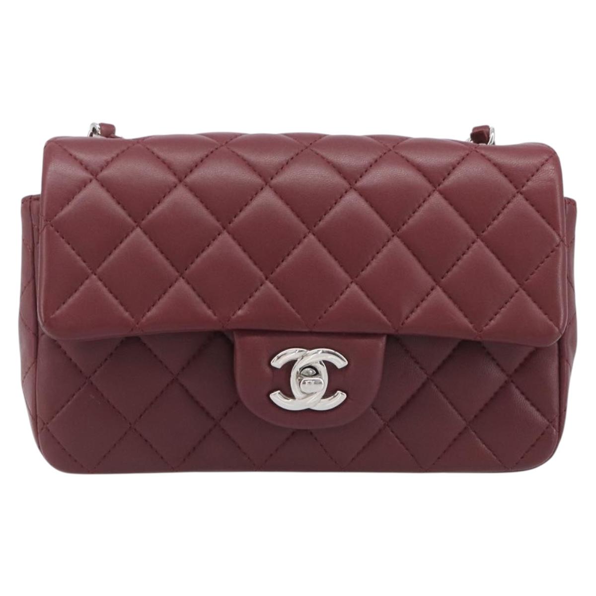 CHANEL Mini Matelasse 20 Chain Bag Lamb Skin Bordeaux Silver CC Auth 206388SM