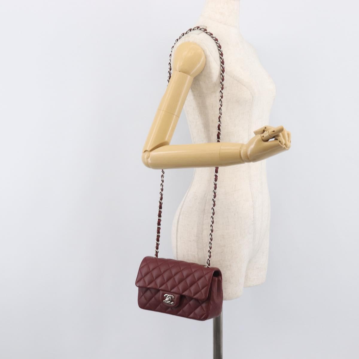 CHANEL Mini Matelasse 20 Chain Bag Lamb Skin Bordeaux Silver CC Auth 206388SM