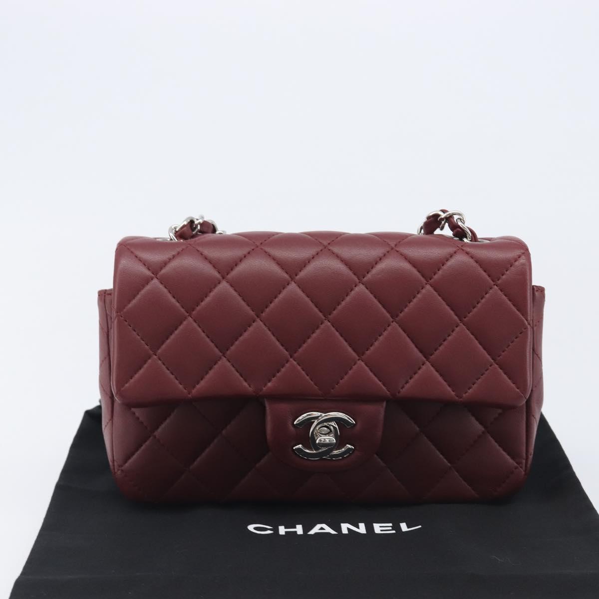 CHANEL Mini Matelasse 20 Chain Bag Lamb Skin Bordeaux Silver CC Auth 206388SM