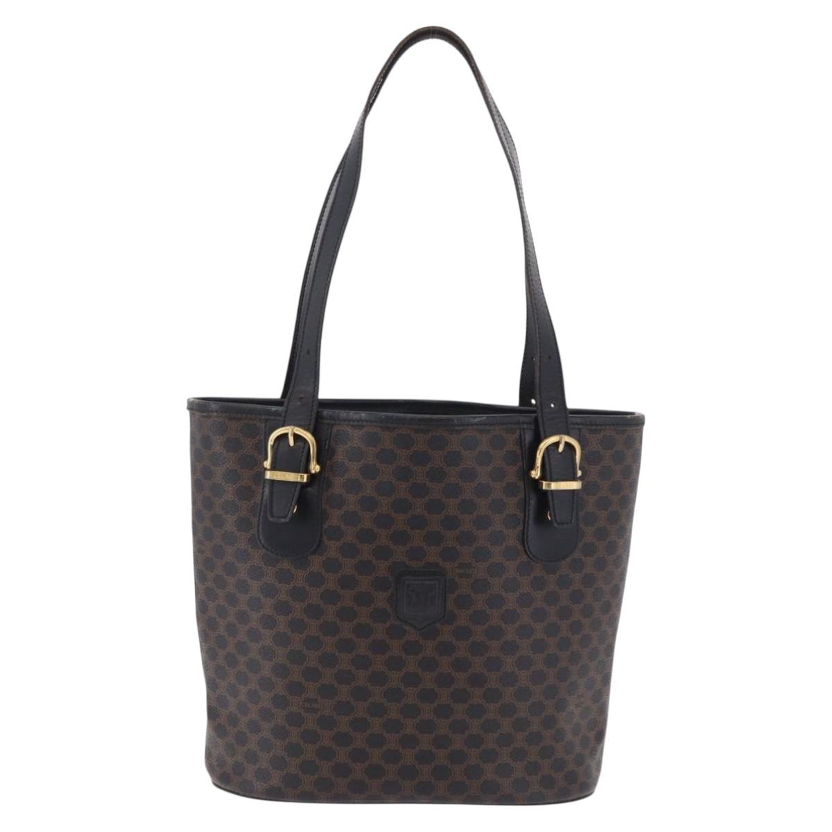 CELINE Macadam Canvas Tote Bag PVC Leather Black Gold Auth 206450