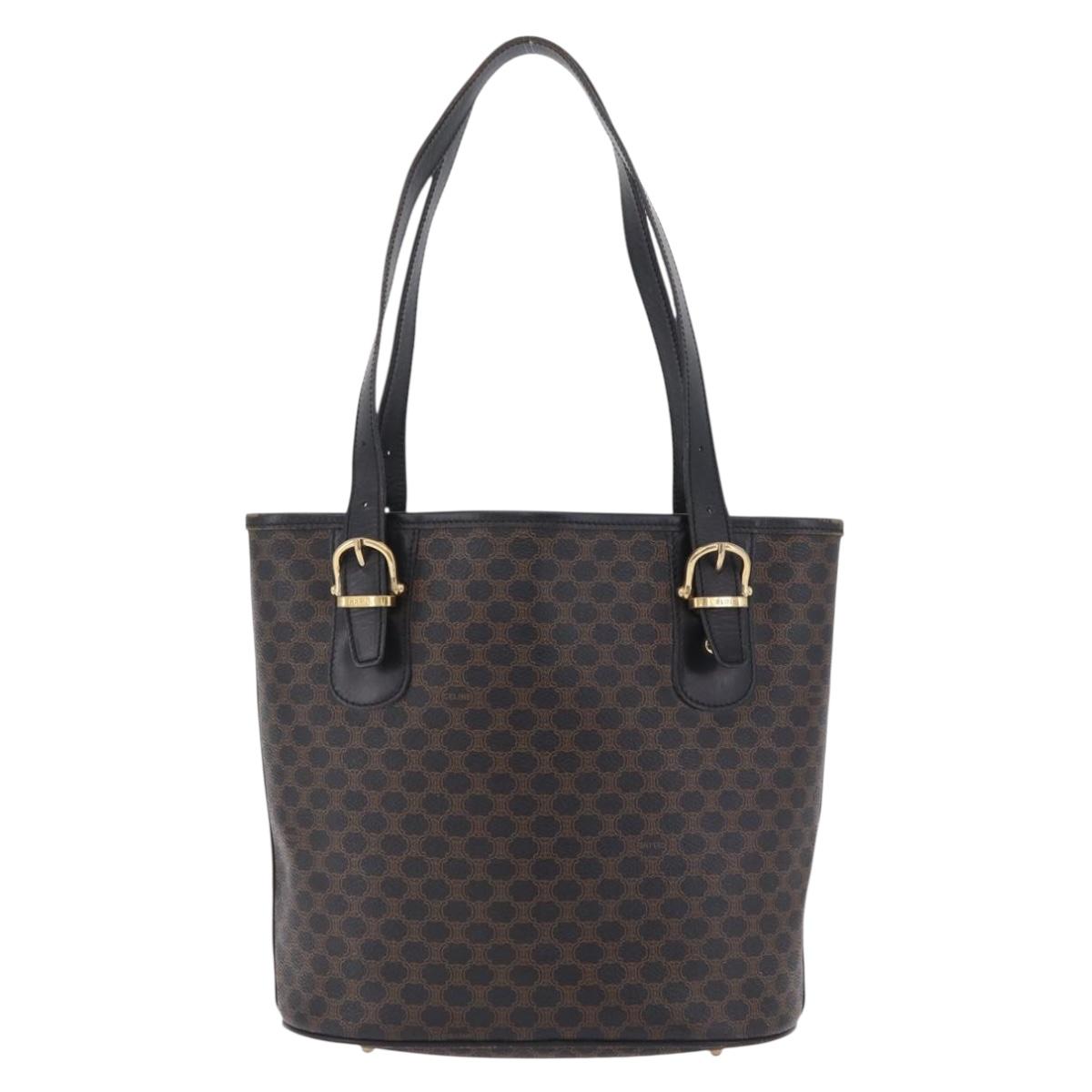 CELINE Macadam Canvas Tote Bag PVC Leather Black Gold Auth 206450