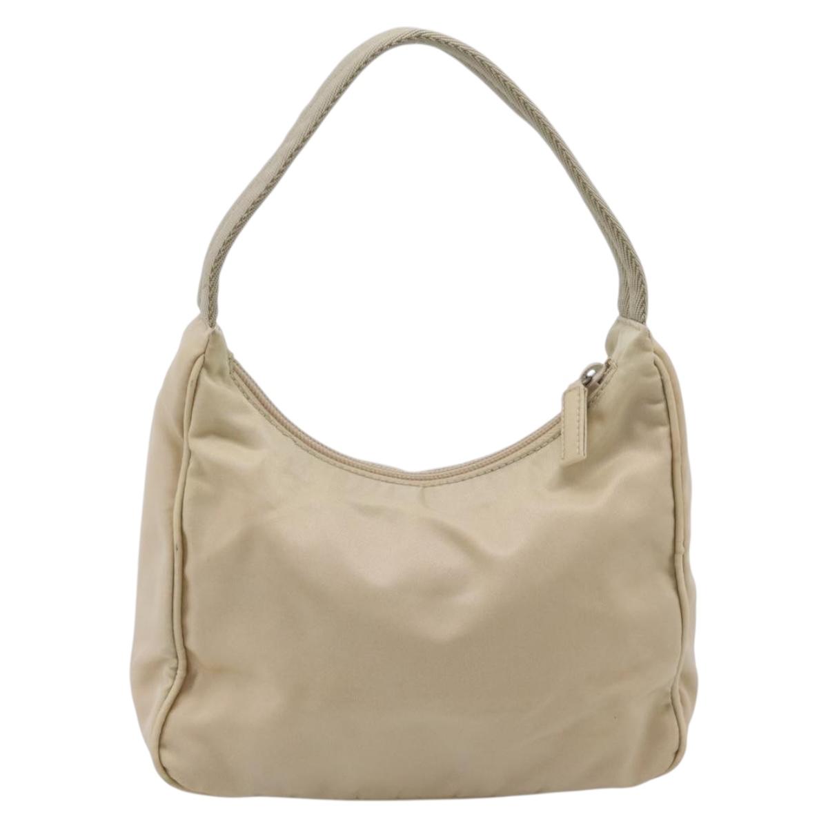 PRADA Hand Pouch Hand Bag Nylon Beige Silver Auth 206468A