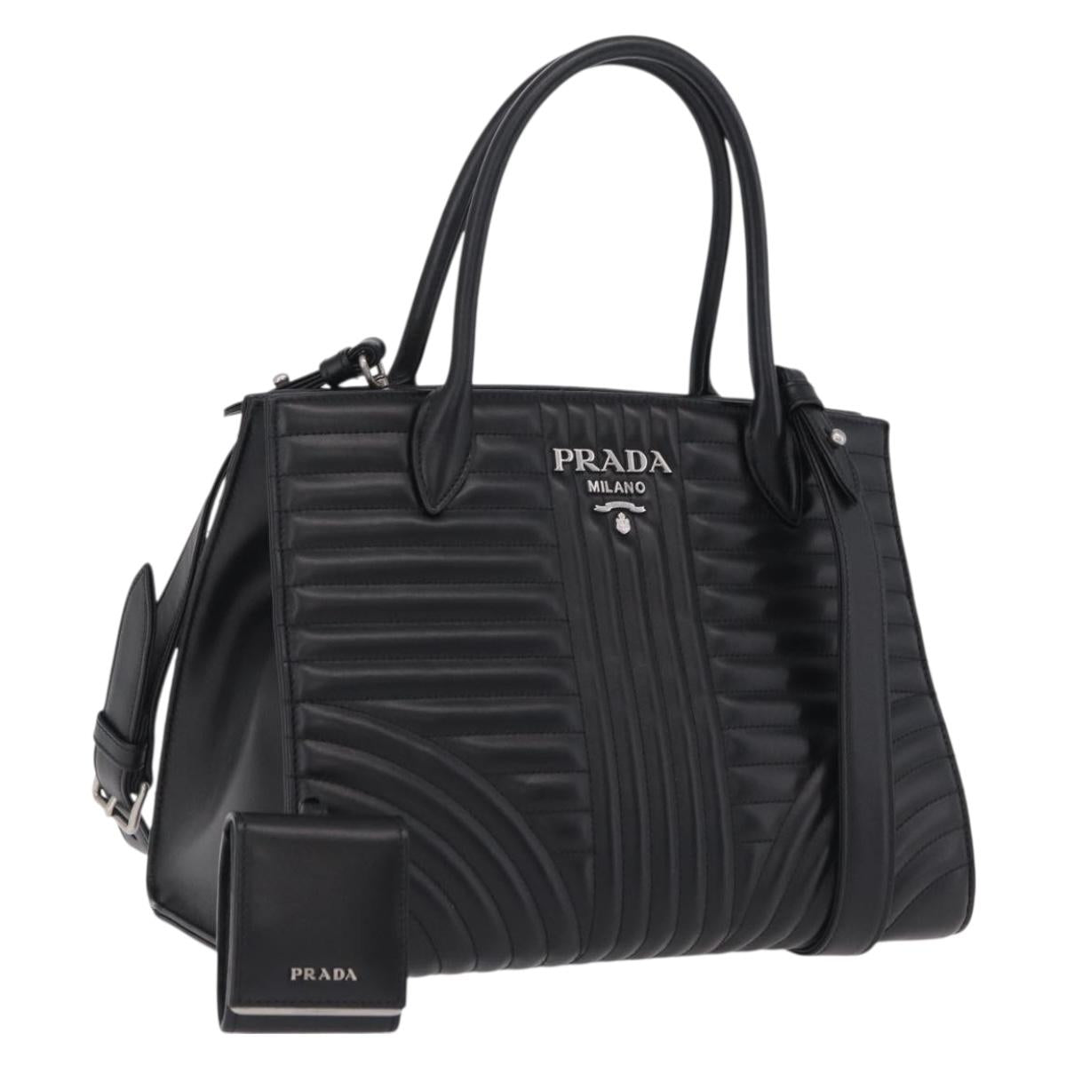 PRADA Hand Bag Leather 2way Black Silver Auth 206472M