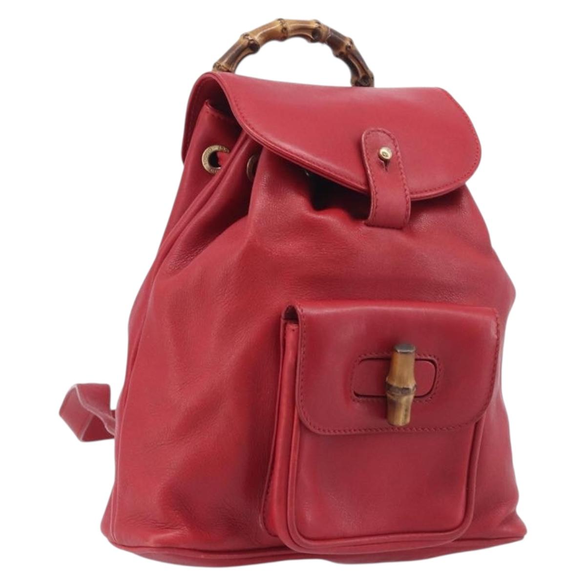 GUCCI Bamboo Backpack Leather Red Gold 003 3444 0030 Auth 206489