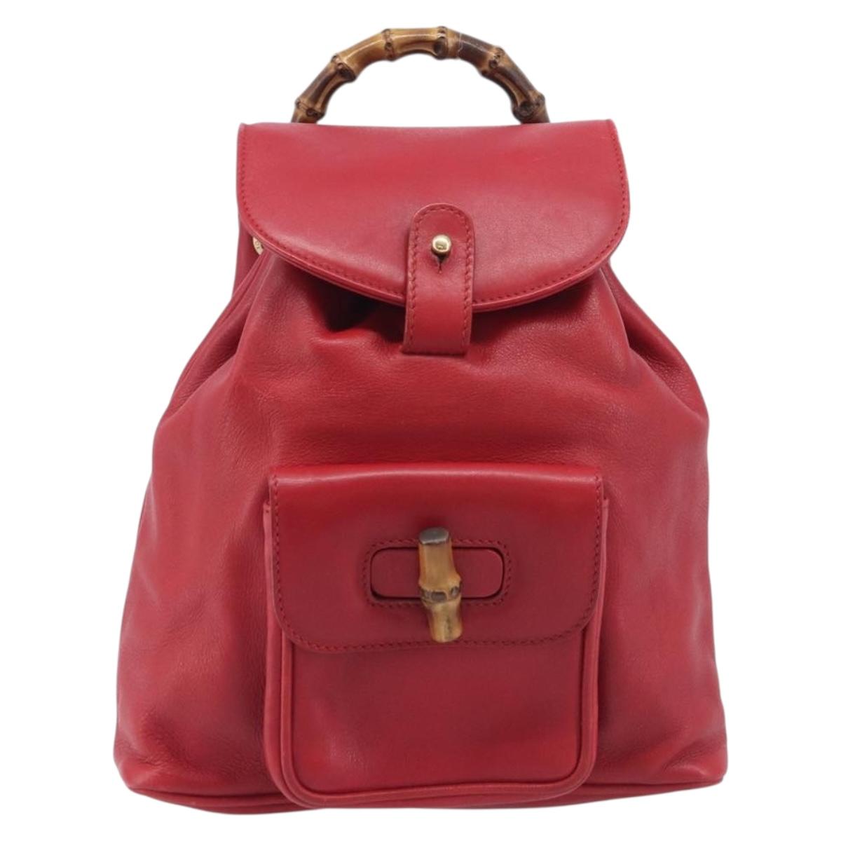 GUCCI Bamboo Backpack Leather Red Gold 003 3444 0030 Auth 206489