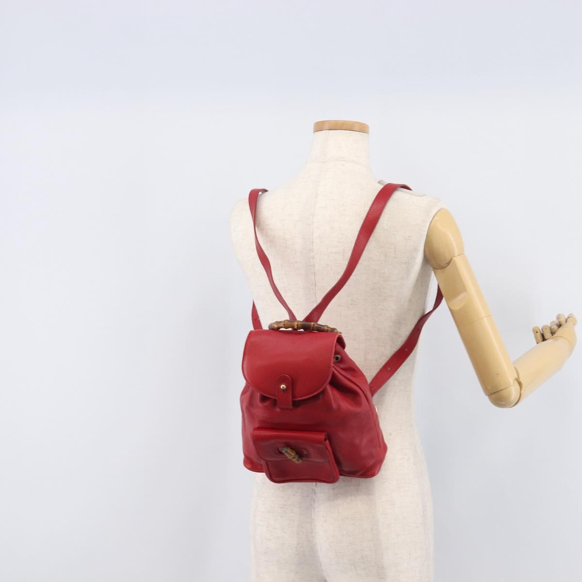 GUCCI Bamboo Backpack Leather Red Gold 003 3444 0030 Auth 206489