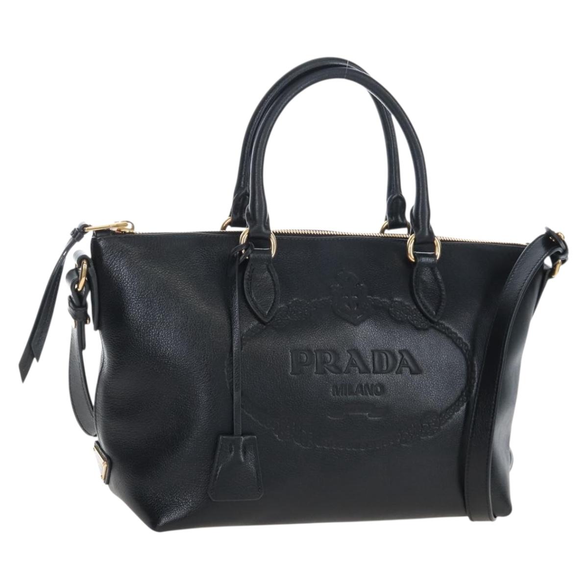 PRADA Hand Bag Leather 2way Black Gold Auth 206508M