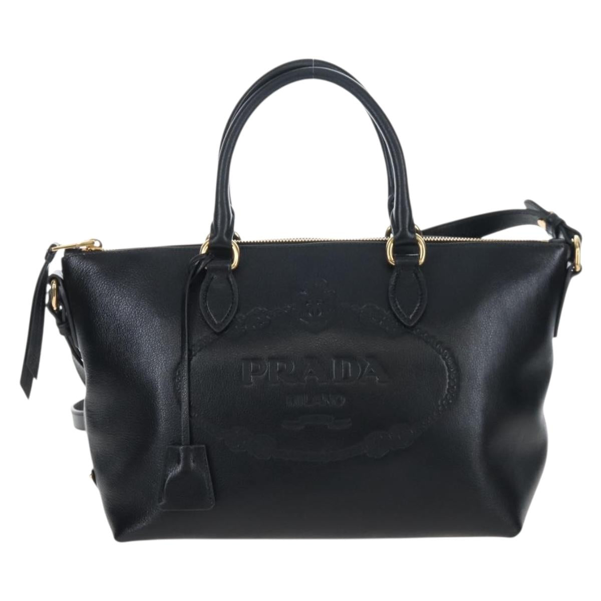 PRADA Hand Bag Leather 2way Black Gold Auth 206508M