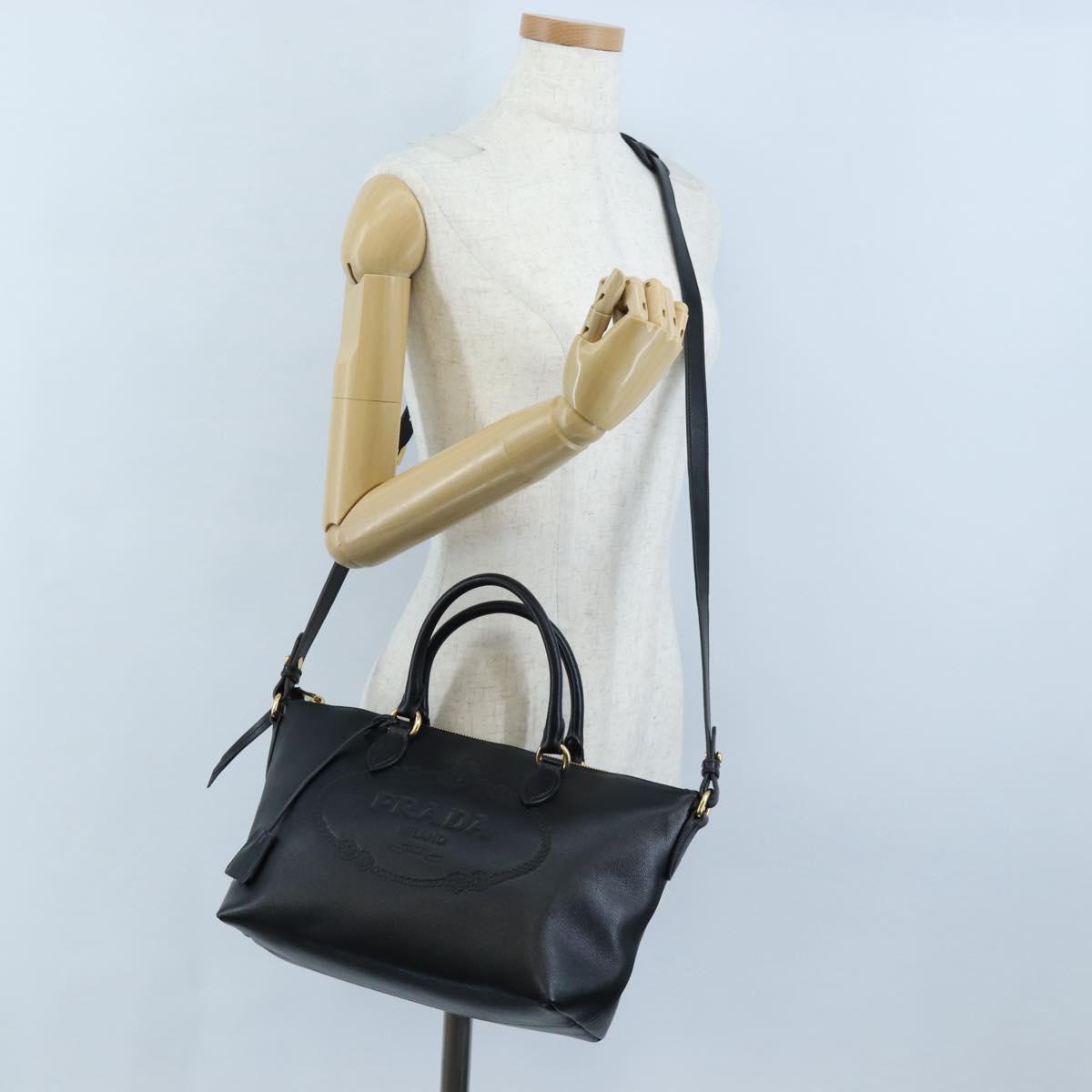 PRADA Hand Bag Leather 2way Black Gold Auth 206508M