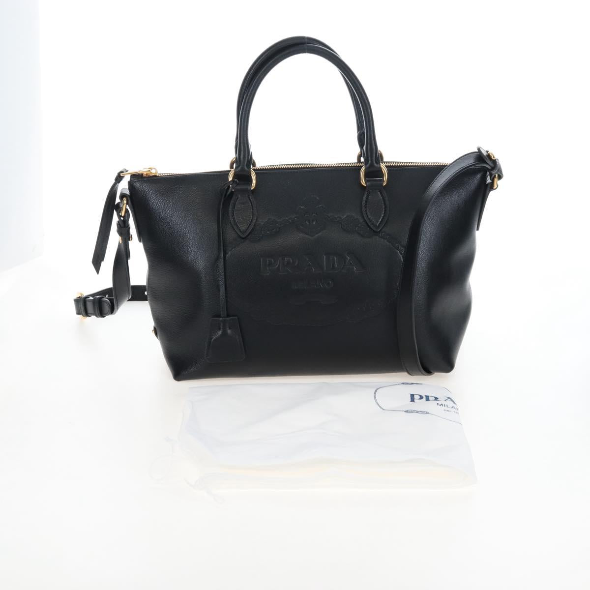 PRADA Hand Bag Leather 2way Black Gold Auth 206508M