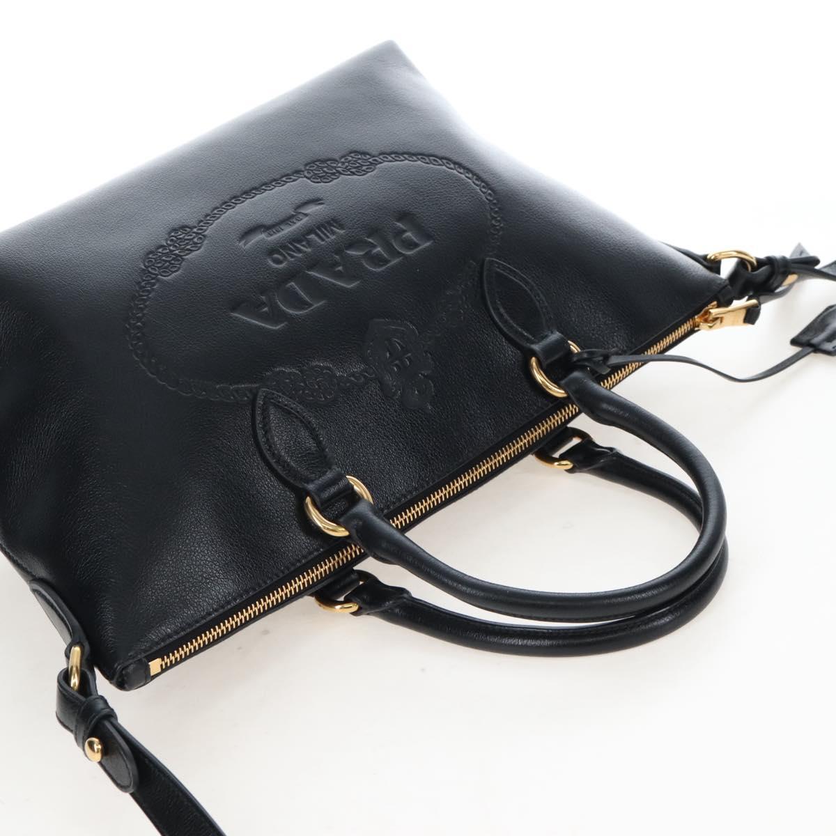 PRADA Hand Bag Leather 2way Black Gold Auth 206508M