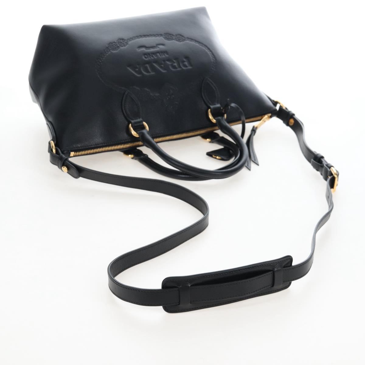 PRADA Hand Bag Leather 2way Black Gold Auth 206508M