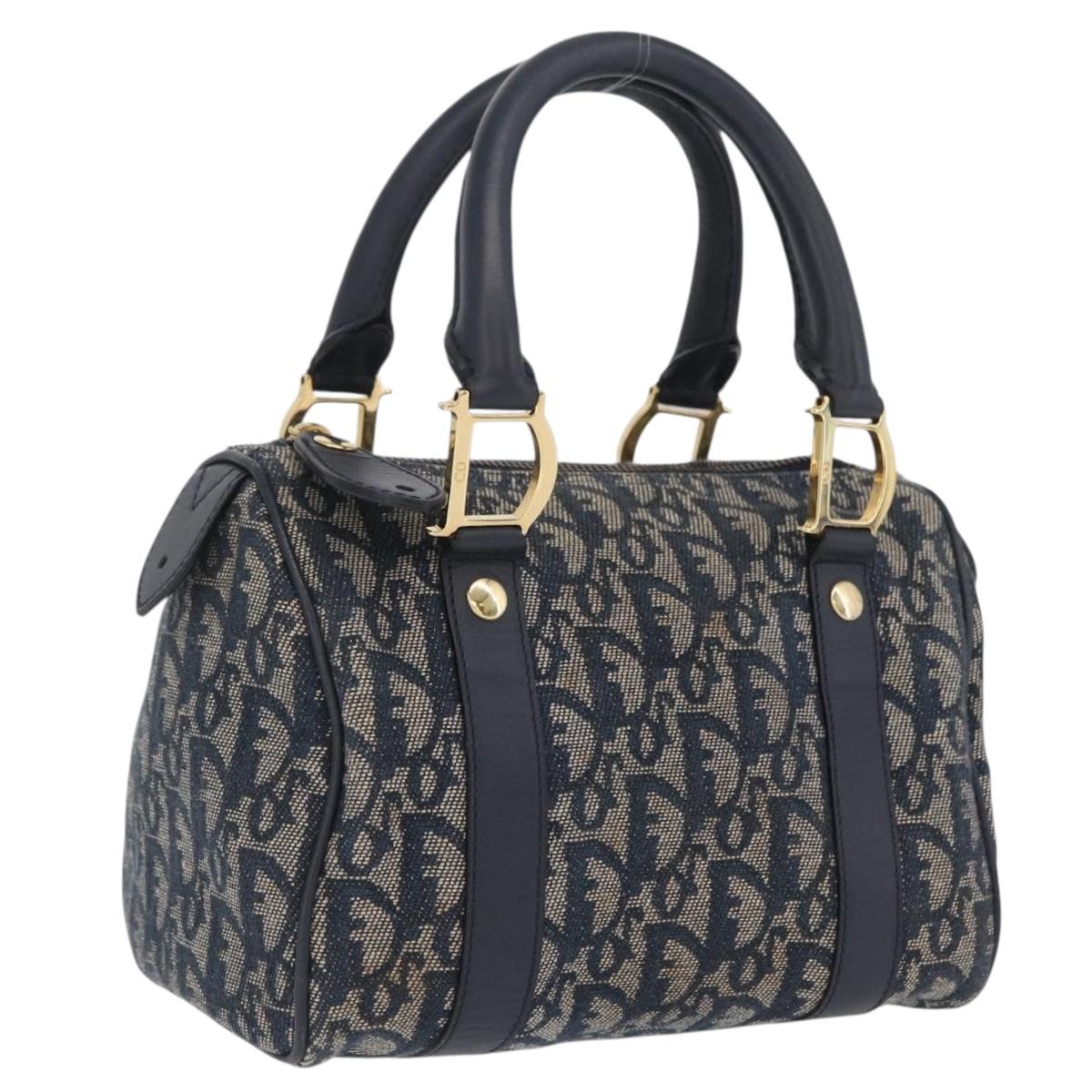 Christian Dior Trotter Canvas Hand Bag Navy Gold Auth 206522A