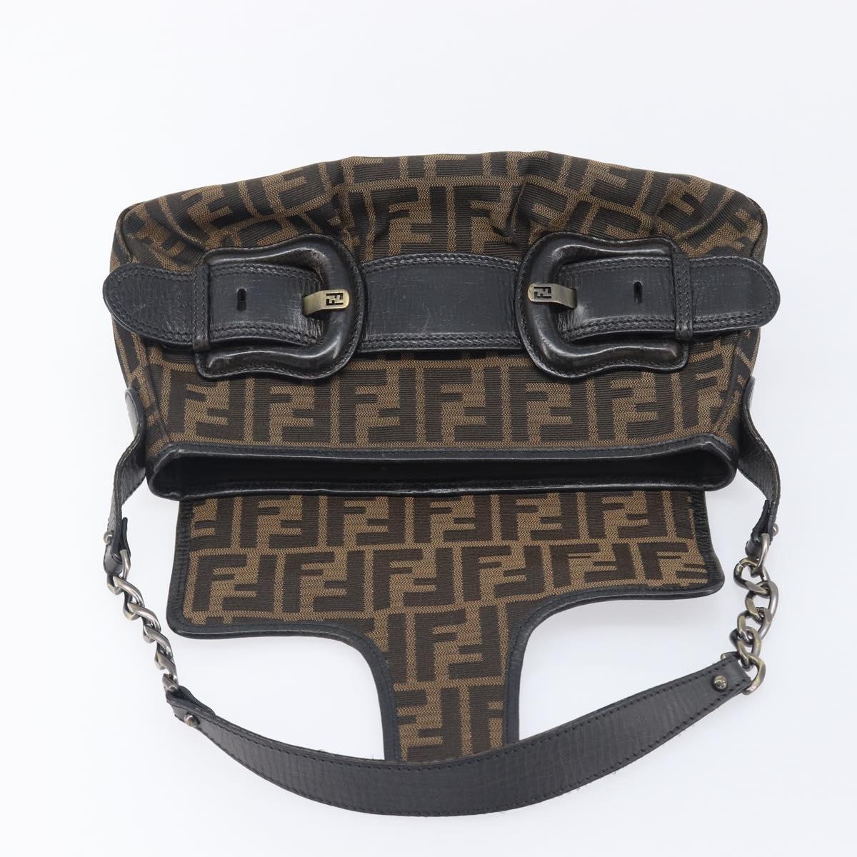 FENDI Zucca Canvas Chain Shoulder Bag Black Brown 8BR551 Auth 206529