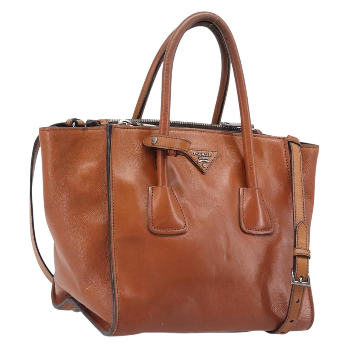 PRADA Hand Bag Leather 2way Brown Silver Auth 206531A