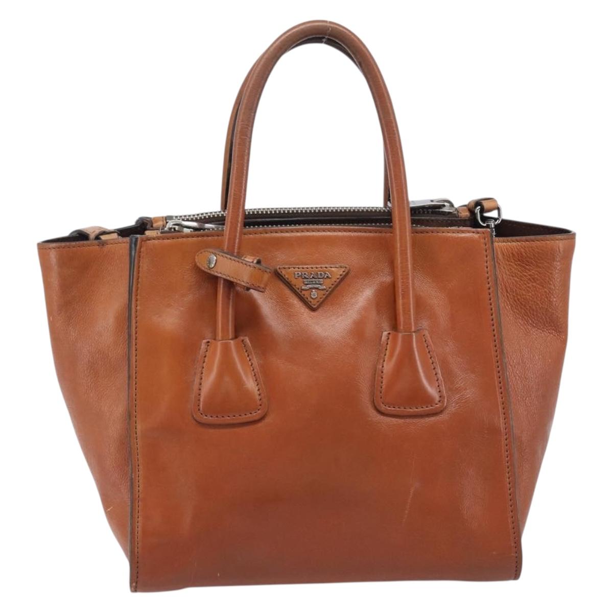 PRADA Hand Bag Leather 2way Brown Silver Auth 206531A